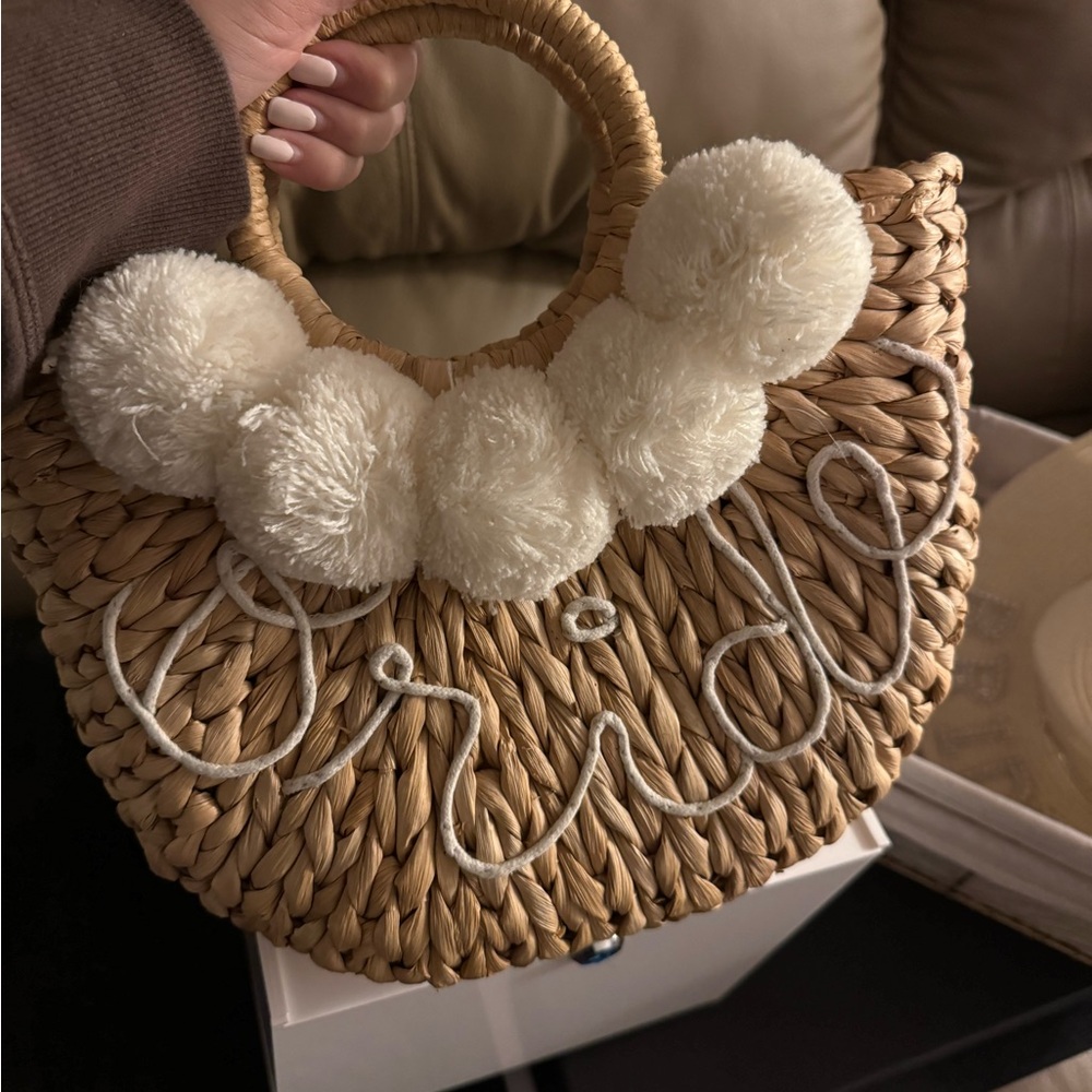 Woven Straw Bridal Bag with Pom Poms